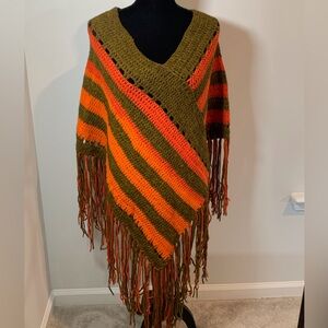 Handmade Crocheted Shawl Poncho Fringe Boho Hippie 60’s 70’s Wearable Art